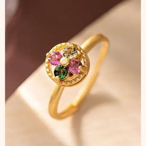 

S925 Sterling Silver Gold-Plated Natural Tourmaline Retro Personalized Flower Ring Opening Rotatable Ring Ring Ornament Women's
