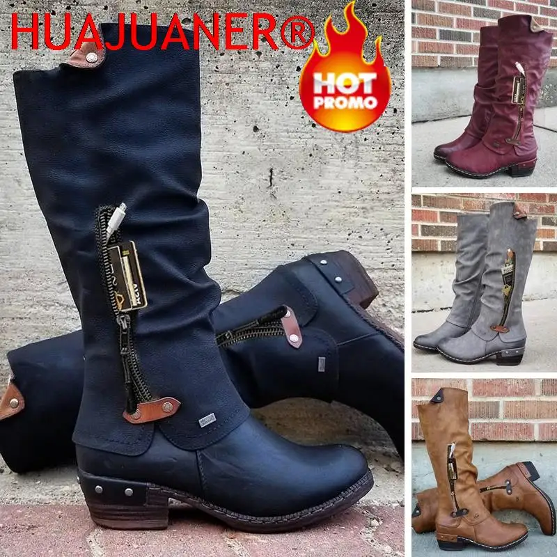 

New Women Knee High Boots Winter Western Punk Boots Winter Warm Shoes Side Zipper Woman Cowboy Boots Ladies Booties Female Shoes