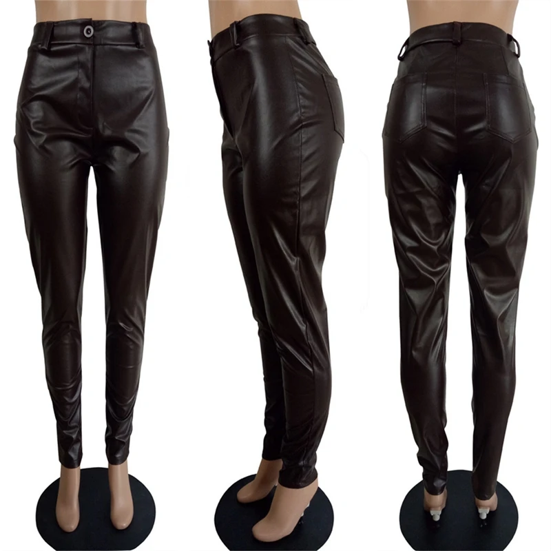 

Streetwear Women Spring Fall Faux PU Leather Trousers Pencil Pants Skinny Bodycon High Waist Zipper Fly Trouser Club Wear Indie