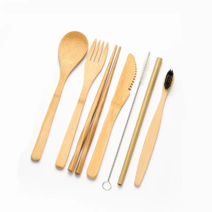 7pcs set2 Портативный экологичный набор столовых приборов, бамбуковый набор столовых приборов, набор ножей, вилок, ложек, многоразовые трубочки, палочки для еды, Бамбуковая посуда для путешествий - Цвет: 7pcs set2