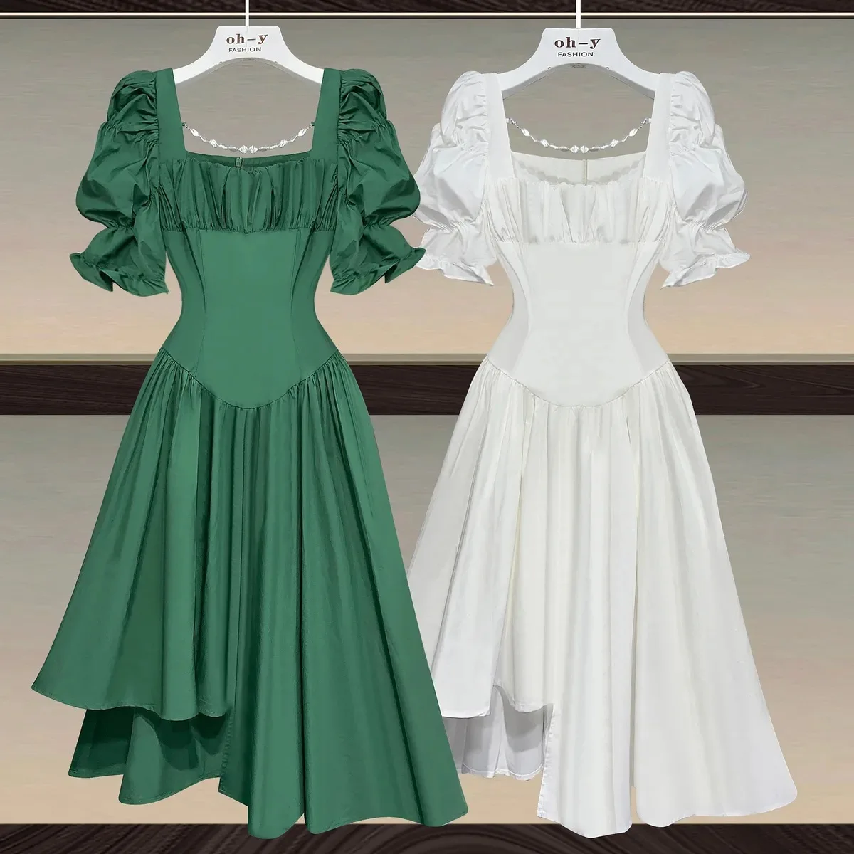 

2021 new irregular puff sleeve square neck high waist slim dress women