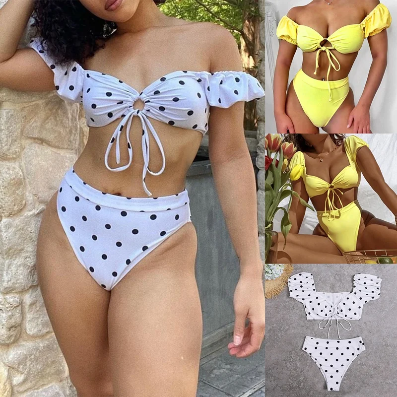 

Women's 2-Piece Polka-Dot Printing Front Umbilical Strapless High-Cut Tube Top Bikini Set