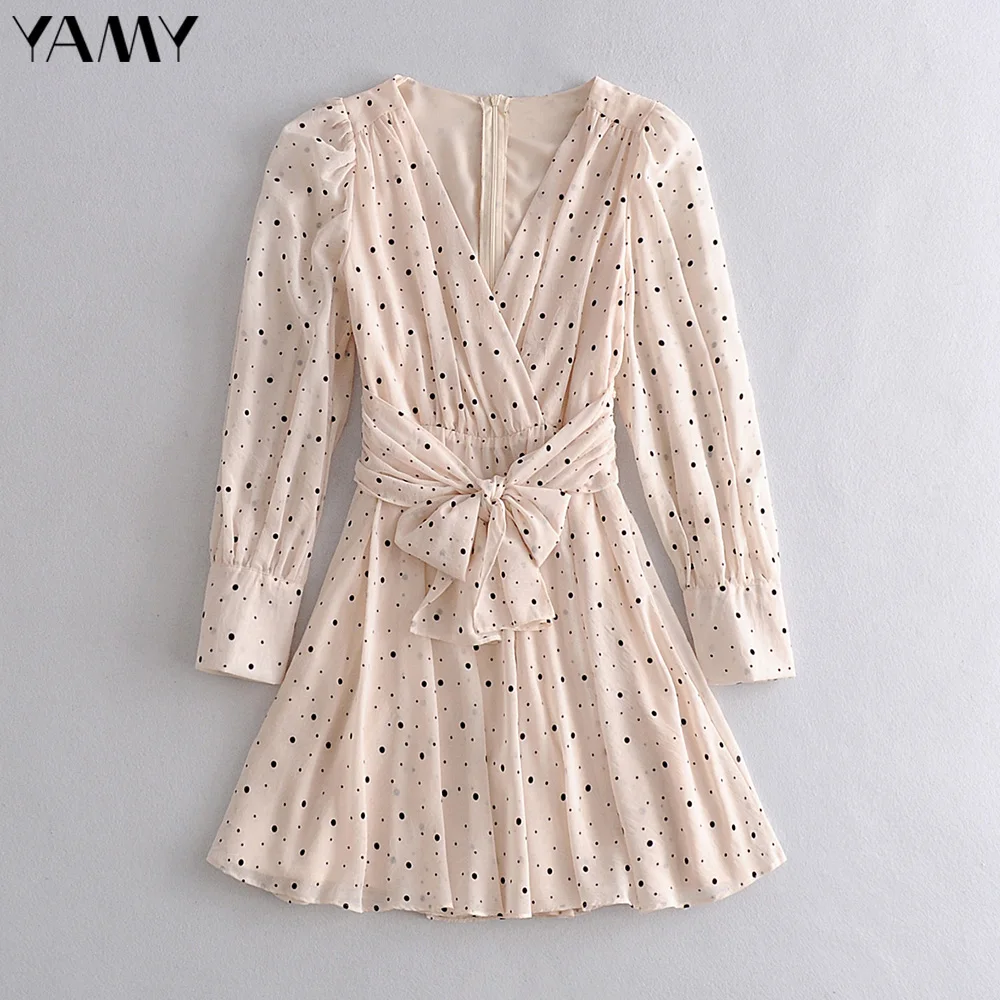 Женское платье рубашка в горошек с V образным вырезом и длинным рукавом|Женские