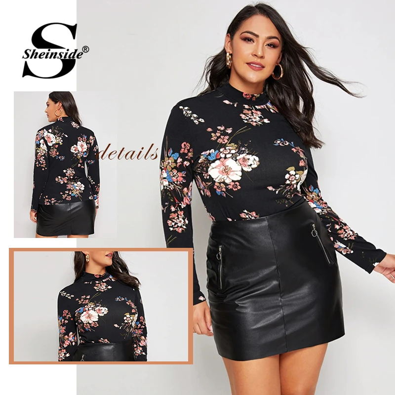 Sheinside размера плюс Цветочный принт со стоячим воротником футболка Для женщин осень Повседневное узкие Футболка женские эластичные отделка верха