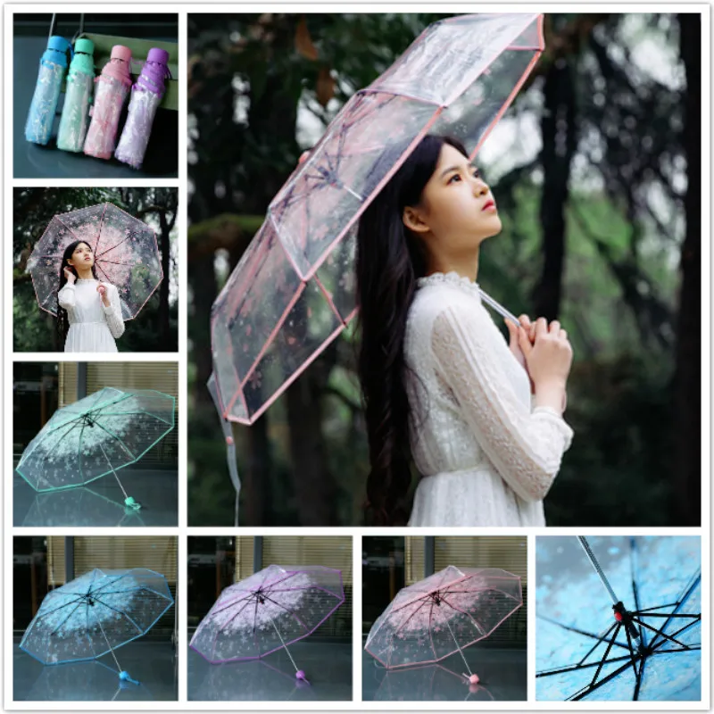 Большой складной прозрачный зонт от дождя женский с цветами автоматический