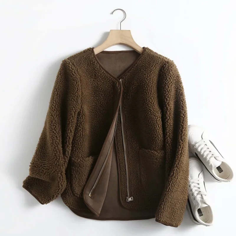 Winter 2021 Lamb Wool Women Jacket Women's Fur Lamb Clothing Zipper Solid Loose Lamb Plush Short Coat Fashion Fleece Warm Jacket