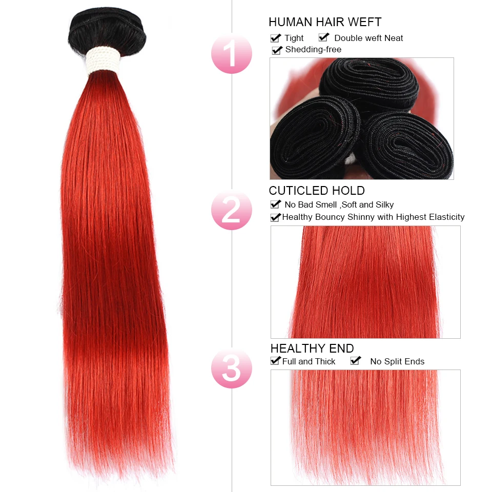 T1B/красный эффектом деграде (переход от темного к прямые волосы пряди бразильских