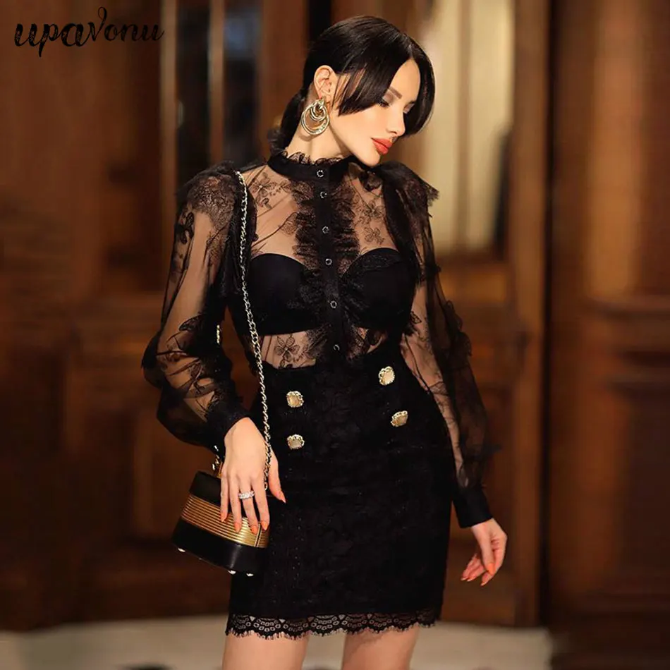 

Free Shipping Sexy Women's Dress 2020 New O-Neck Long Sleeve Lace Patchwork Bandage Dress Black Bodycon Club Party Dress Vestido