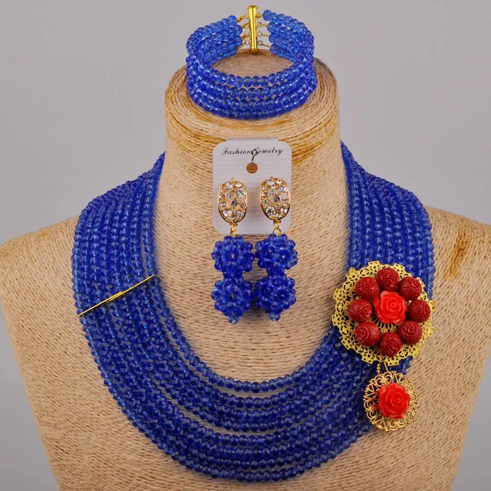 

New Nigeria Bride Wedding Dress Accessories Multilayer Blue Crystal Bead Necklace African Women Wedding Jewelry Set SJ-89