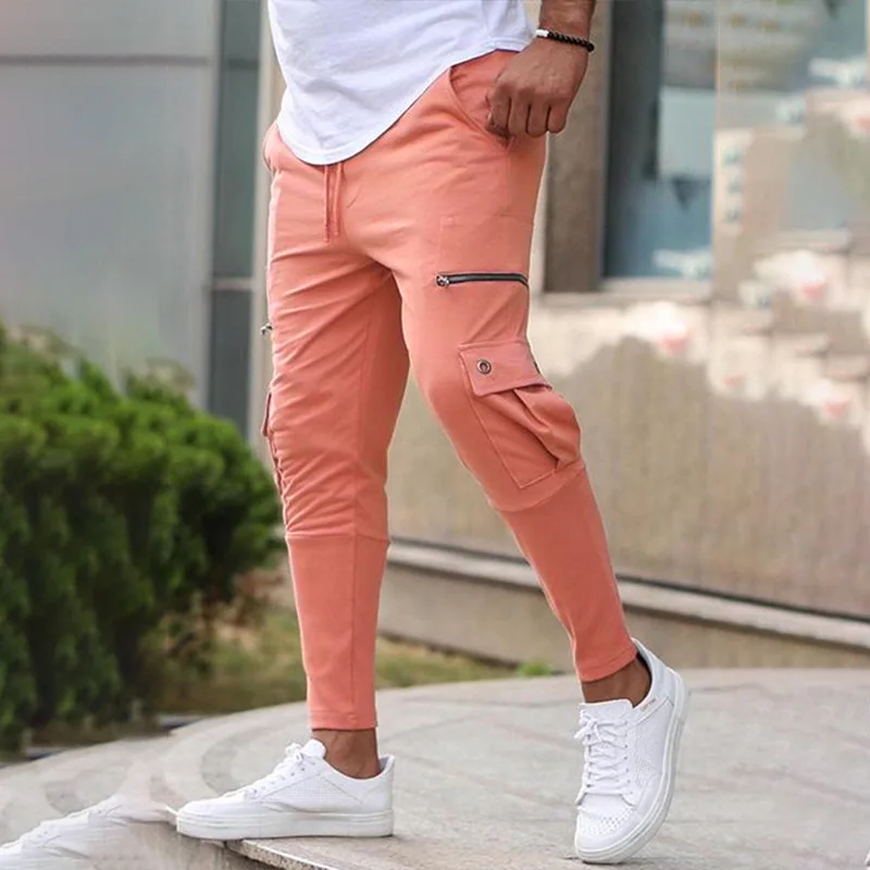 

New Men Pants Pure Cotton Pure Color Casual Pants Streetwear Fashion Pockets Overalls Trousers Elastic Waist Male Harem Trousers