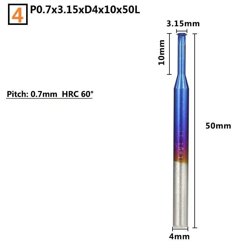 P0.7x3.15xD4x10x50L 1 шт. 0,7-3,9 мм P0.25-P0.8 однониточная Концевая фреза с нано синим покрытием твердосплавные концевые фрезы Резьбовая фреза 4 мм хвостовик фреза с ЧПУ - Длина режущей кромки: P0.7x3.15xD4x10x50L