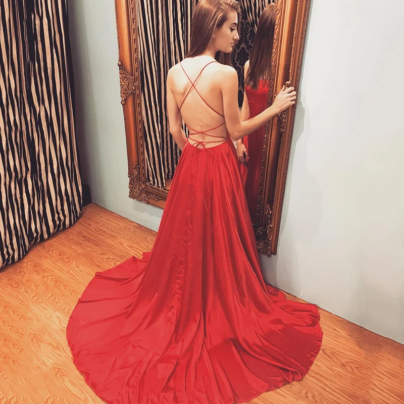 

UZN Sexy Backless A-Line Red Satin Long Prom Dress Hot Sale Spagetti Straps Evening Dress Plus Size Sleeveless Party Dress