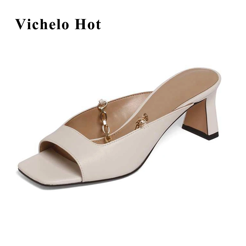 

Vichelo Hot genuine leather square toe high heels chains beauty girls dating sling back solid energy slip on women sandals L65