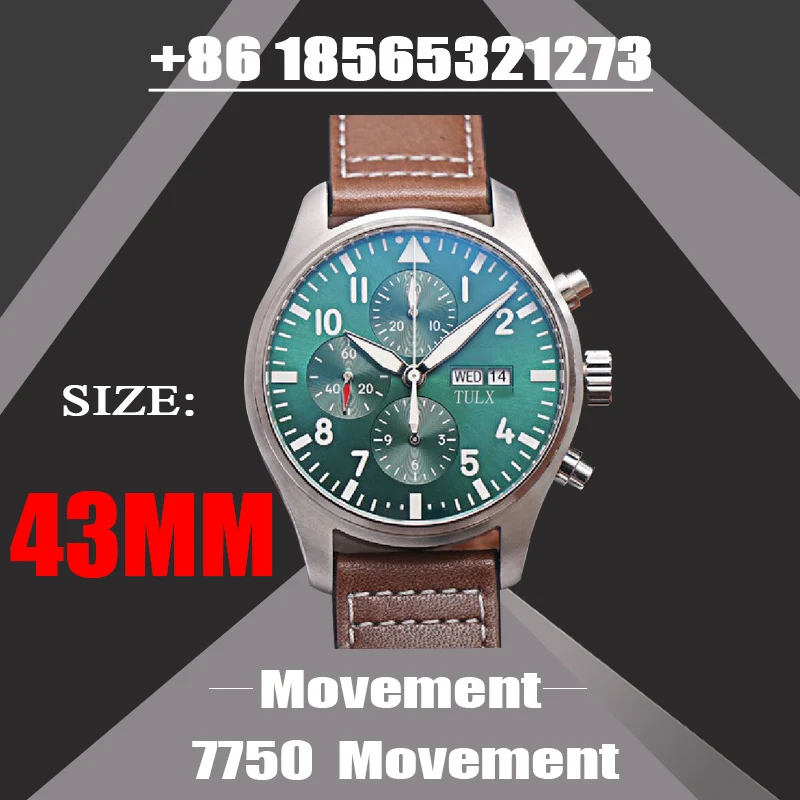 

Replica Men's 43mm Watches Green Face Chronograph Automatic Mechanical Luxury Watch Brown Leather Strap ZF Factory