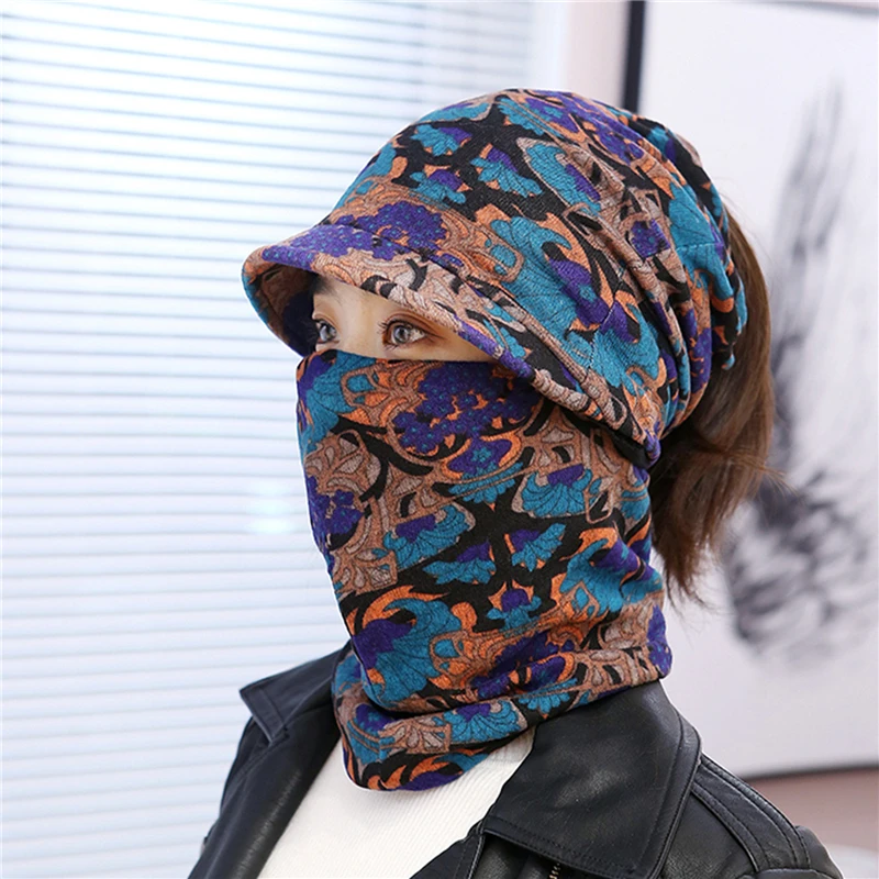 

Retro Women Autumn Winter 2 In 1 Hat Print Scarf Cap Warm Beanie Bonnet Hat Fashion Comfortable Hat Hip Pop Caps