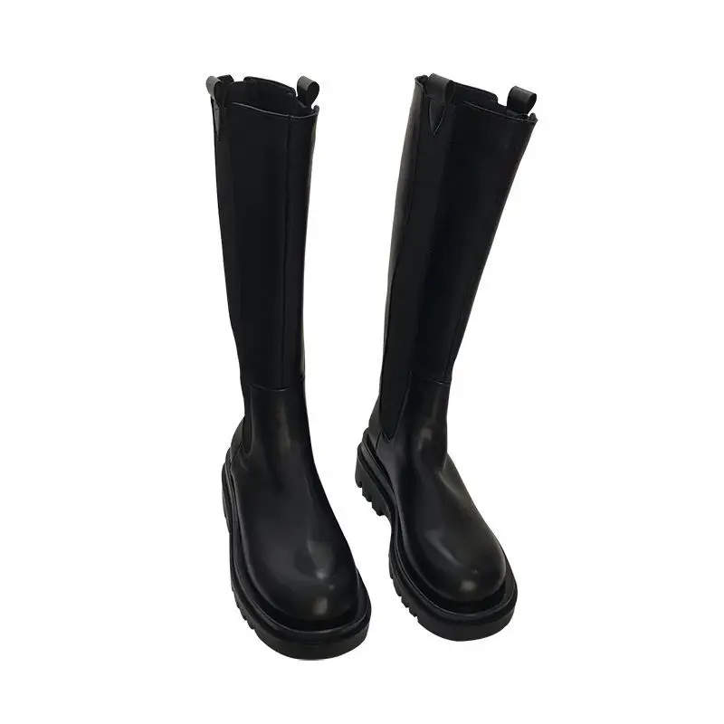 Женские Кожаные ботфорты на платформе Черные Сапоги выше колена плоской подошве