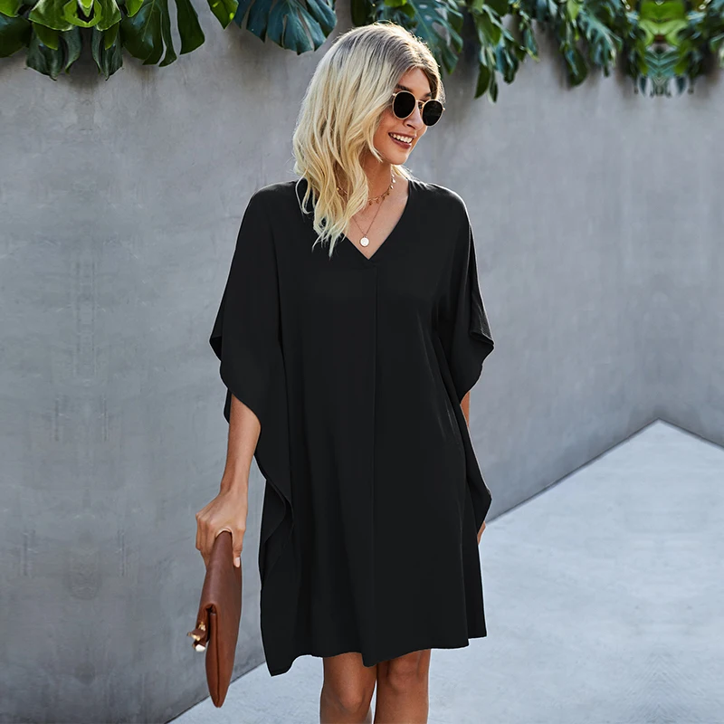 

Women Casual V Neck Batwing Sleeve Short Ladies Loose Solid Color Party Dresses 2021 New Summer Oversize Dress