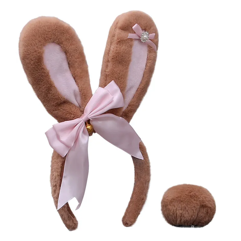 

Pink Bunny Ears Handmade Lolita Animal Ears Headdress Lolita Accessories Bow Rabbit Ears Hair Hoop Rabbit Tail Set Cosplay Anime
