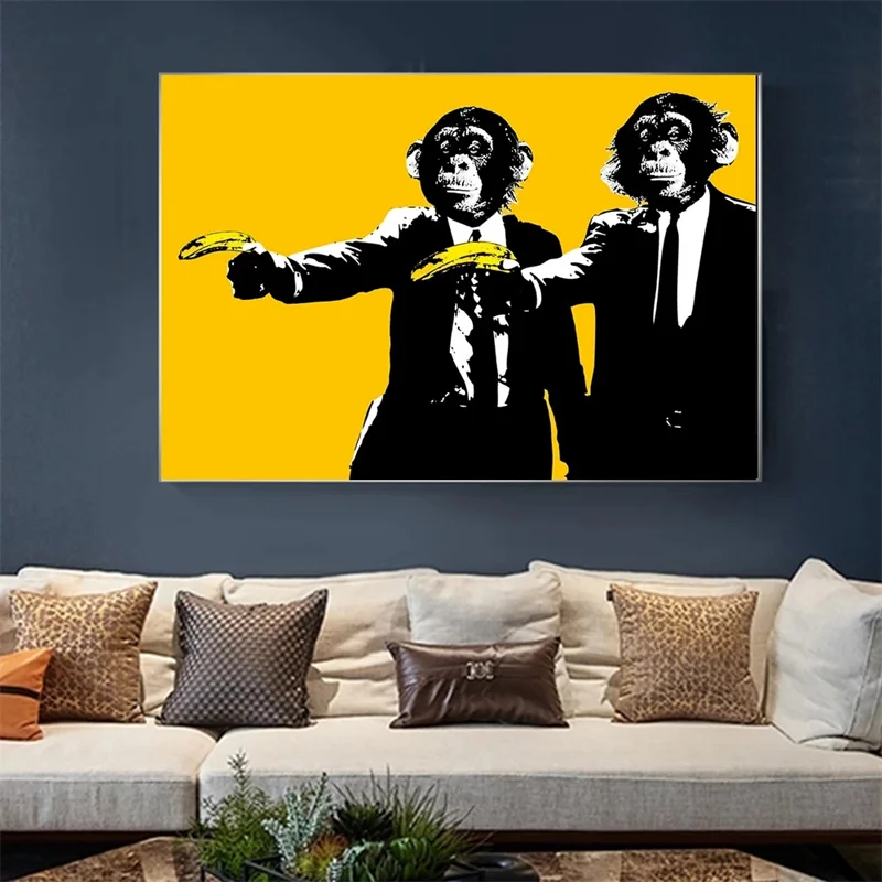

Funny Orangutan Monkey Canvas Painting Gorilla Holding Banana Animal Modern Yellow Wall Art Picture Home Cuadros Decor Poster