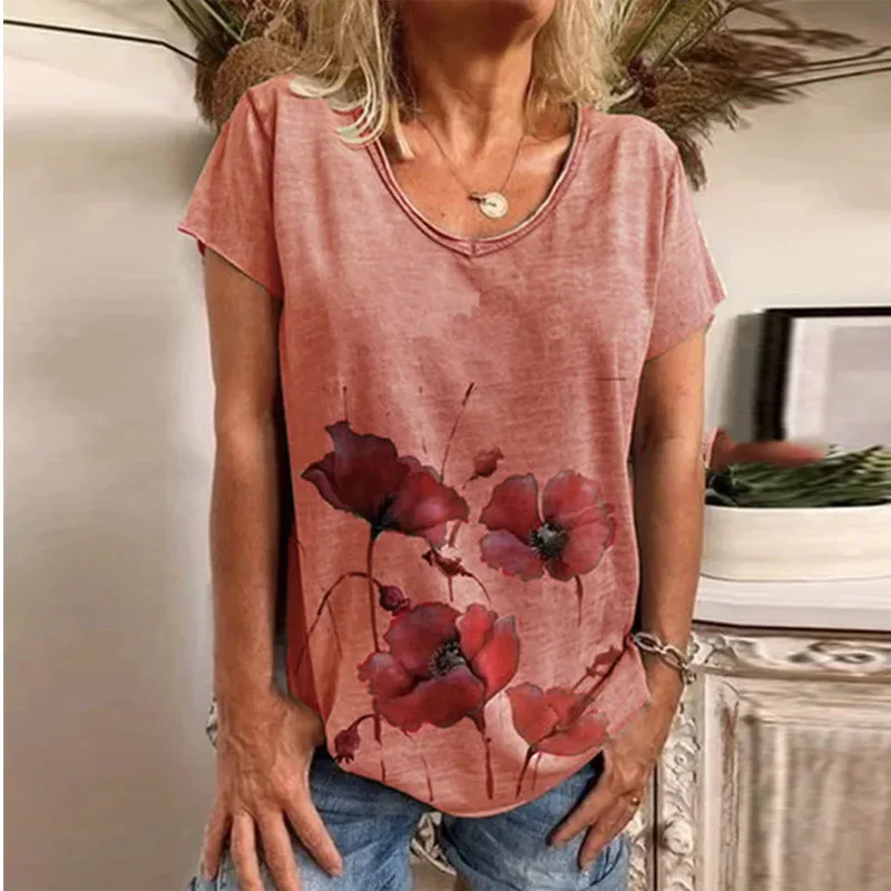 

New Women's Summer Fashion Short Sleeve V-Neck Printed T Shirt Casual Loose Soft Plus Size Tops S-3XL