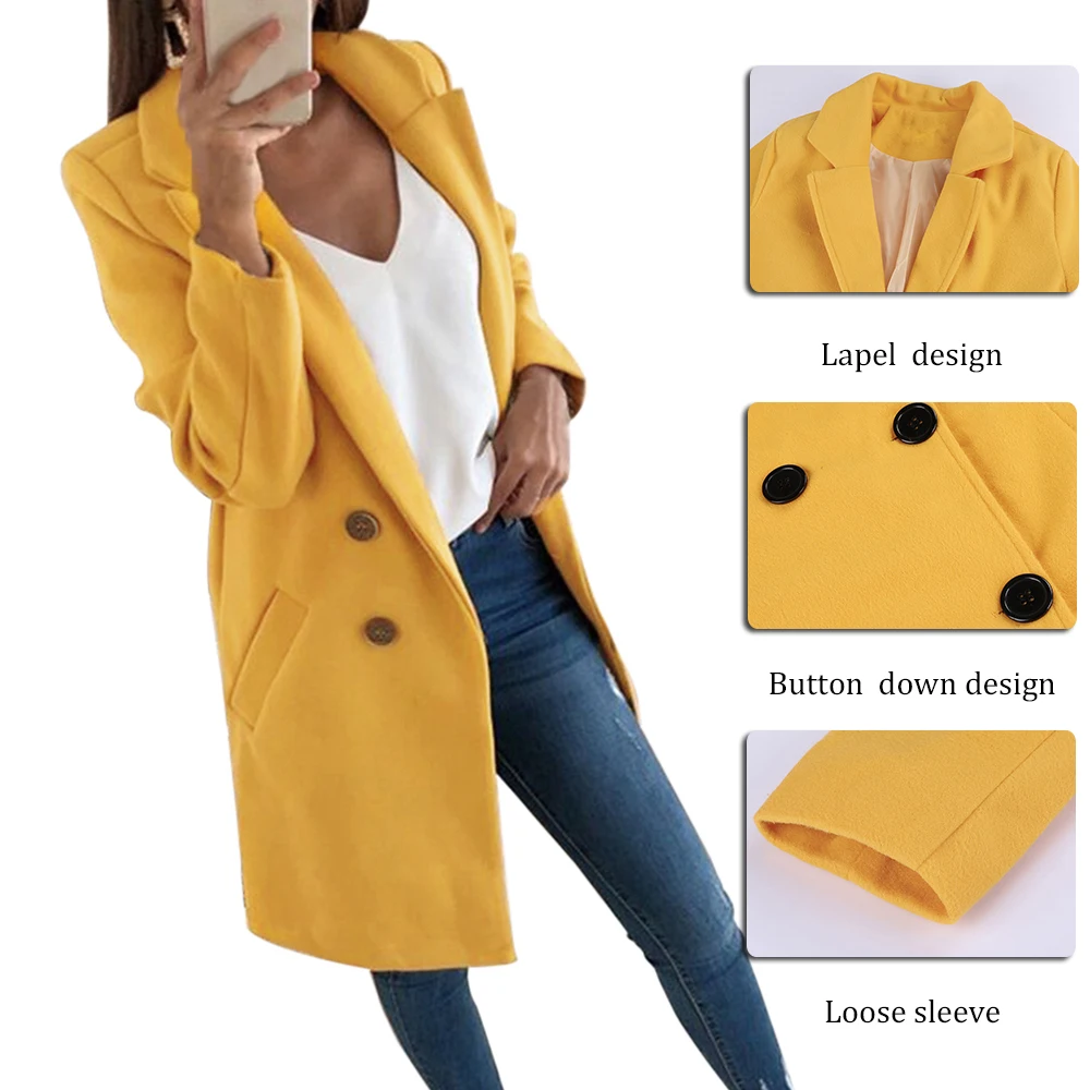 

New Women Long Sleeve Turn-Down Collar Outwear Jacket Wool Blend Coat Casual Autumn Winter Elegant Overcoat Loose Plus Size