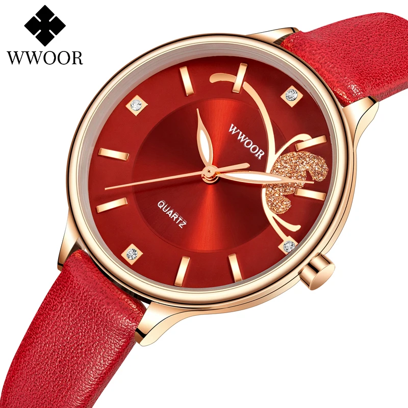 

Ladies Watch WWOOR 2021 New High Quality Luxury Fashion Diamond Women Wrist Watch Black Red Leather Strap Waterproof Reloj mujer