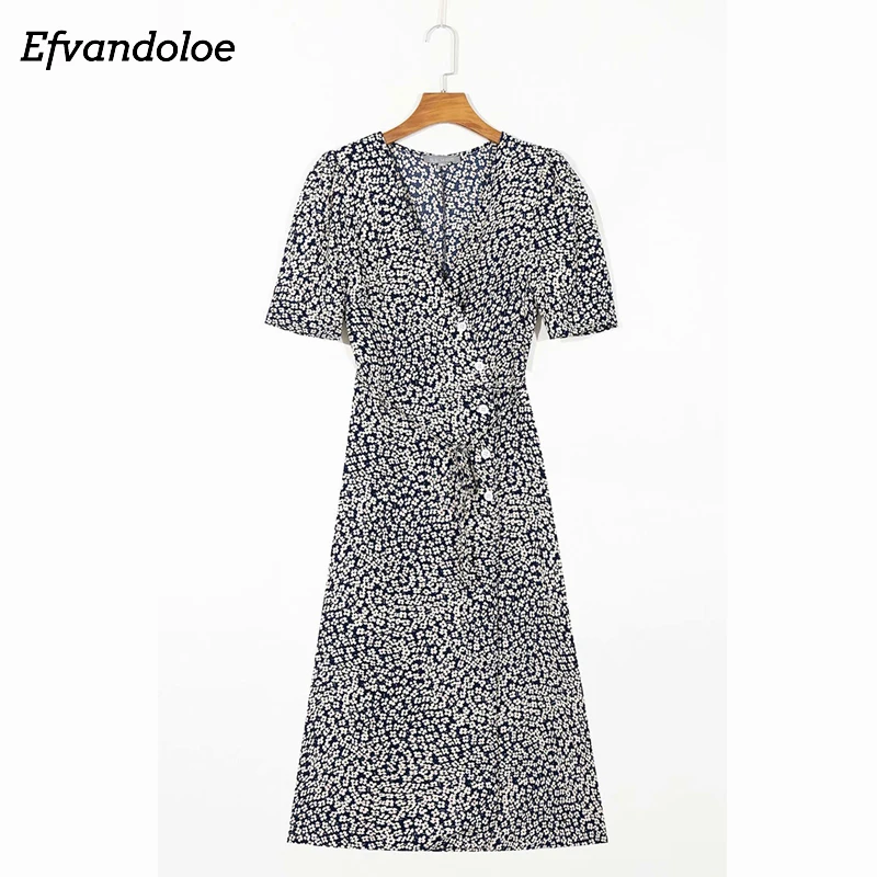 

Летние шорты с длинными рукавами, с v-образной горловиной с Обёрточная бумага платье 2021 Цветочный принт темно-синие платья на пуговицах для ...