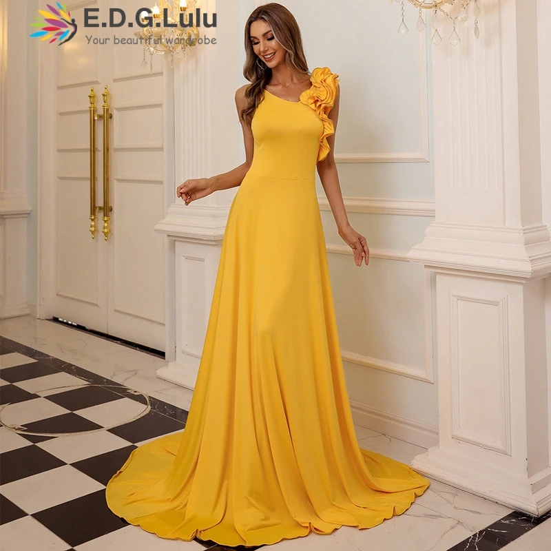 

EDGLuLu Fashion Backless Sleeveless Ruffle Elegant Dress Women For Wedding Party Long Mermaid Dress Yellow Evening Dress 0621