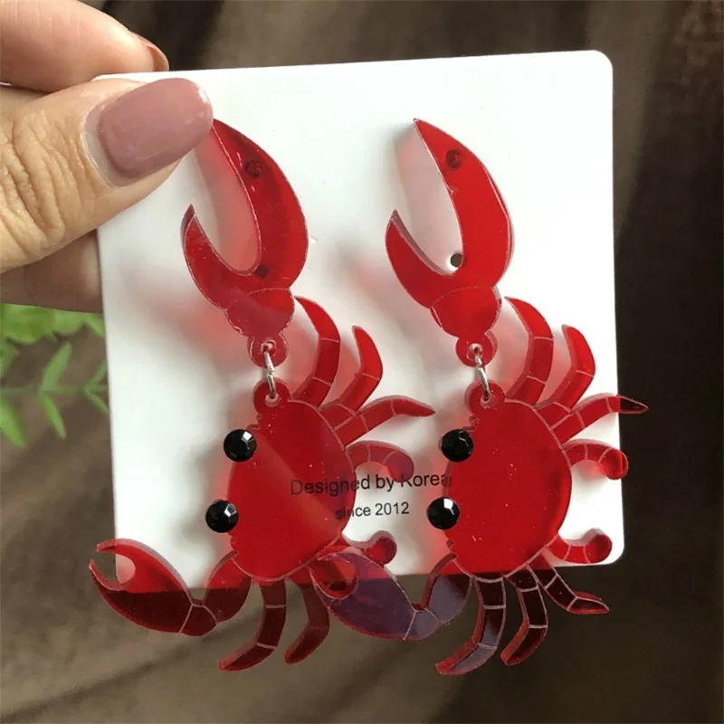 

2020 Funny fashion summer acrylic transparent red crab dangle earrings for women cute fun sea creatures statement stud earrings