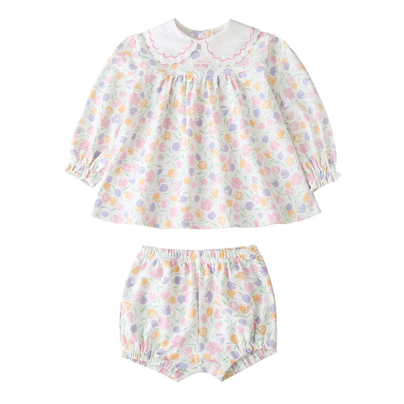 

2020 Autumn Winter Children Sets Casual Girls Long Sleeve Turn-down Collar Single Breasted Shorts Print Clothes Sets 12M-4T