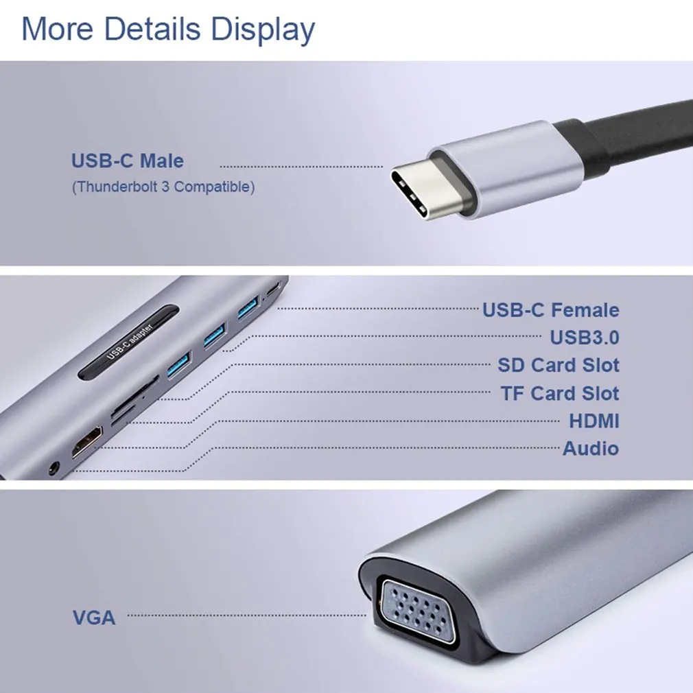 USB C док-станция thunderbolt 3 Type-c к HDMI VGA TF SD карта с 5 AUX аудио jack HD конвертер адаптер |