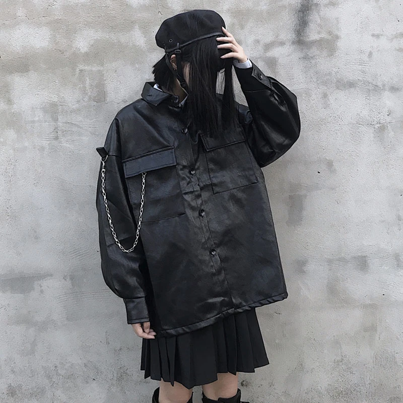 Женская свободная куртка из искусственной кожи Harajuku мягкая Серебряная кожаная