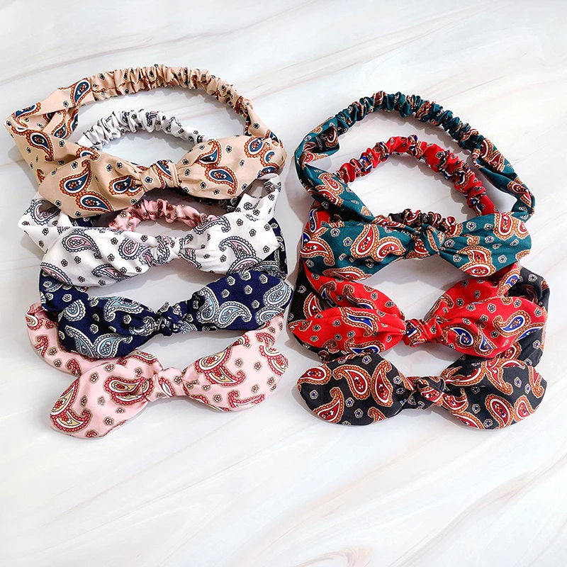 

Cashew Print Bow Turban Bohemia Headbands Retro Elastic Hair Bands DIY Wash Face Rabbit Ears Hairband Headwrap Hair Accessories