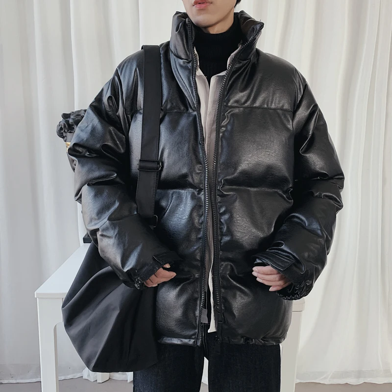 Мужская куртка пуховик из искусственной кожи Зимняя одежда в Корейском стиле