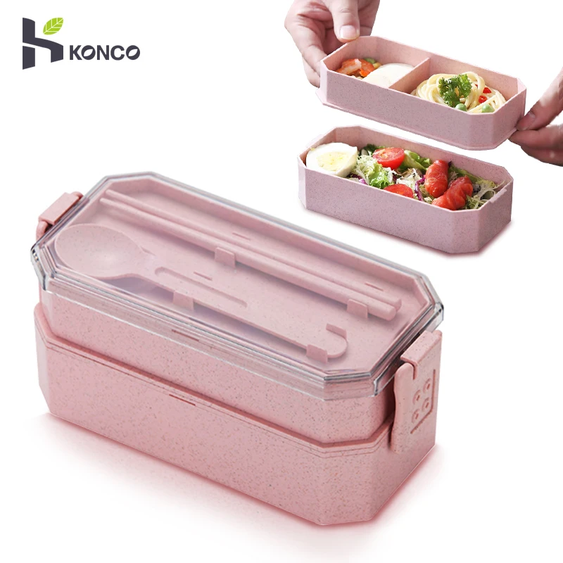 Konco Ланч-бокс из пшеничной соломы с двойной палубой для детей офисный мужской