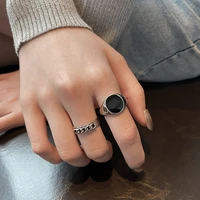 zn simple design silver plated adjustable chain ring for women and men black ring punk style neutral ladies jewelry party gift