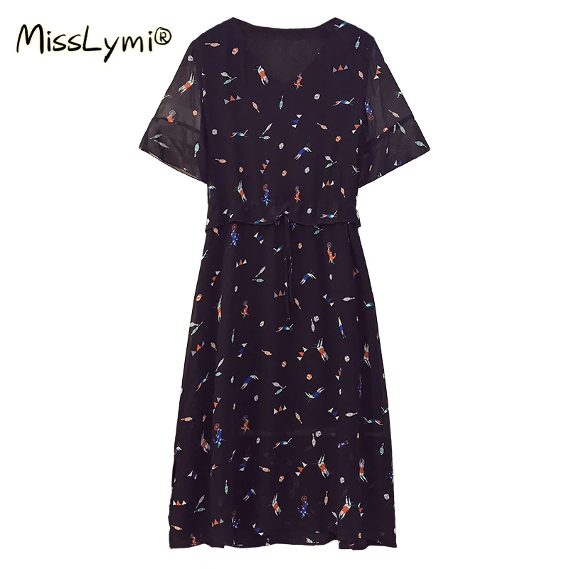

5XL Plus Size Women Elegant Printed Chiffon Dress Summer 2021 V-Neck Flare Short Sleeve Ruffle Lacing Waist Loose Midi Dresses