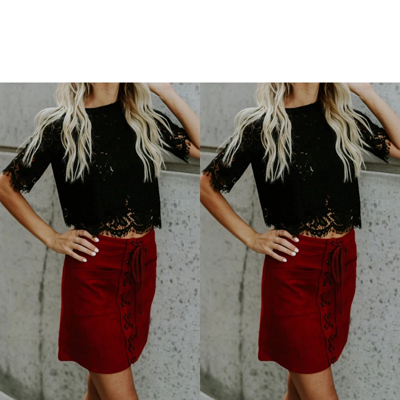 Блузка женская с коротким рукавом повседневный кружевной топ красная Свободная