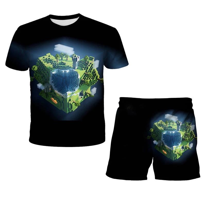 

New my world boys' Set Girls' set cartoon print my world T-shirt with pants for children's sportswear