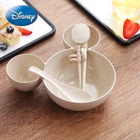 disney wheat straw childrens grid tableware baby bowl fork spoon complementary food baby learn to eat bowl cute three piece set