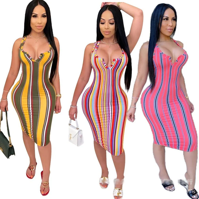 

Color striped deep V sling bag hip dress Europe and the United States sexy fashion summer new women vest tight skirt