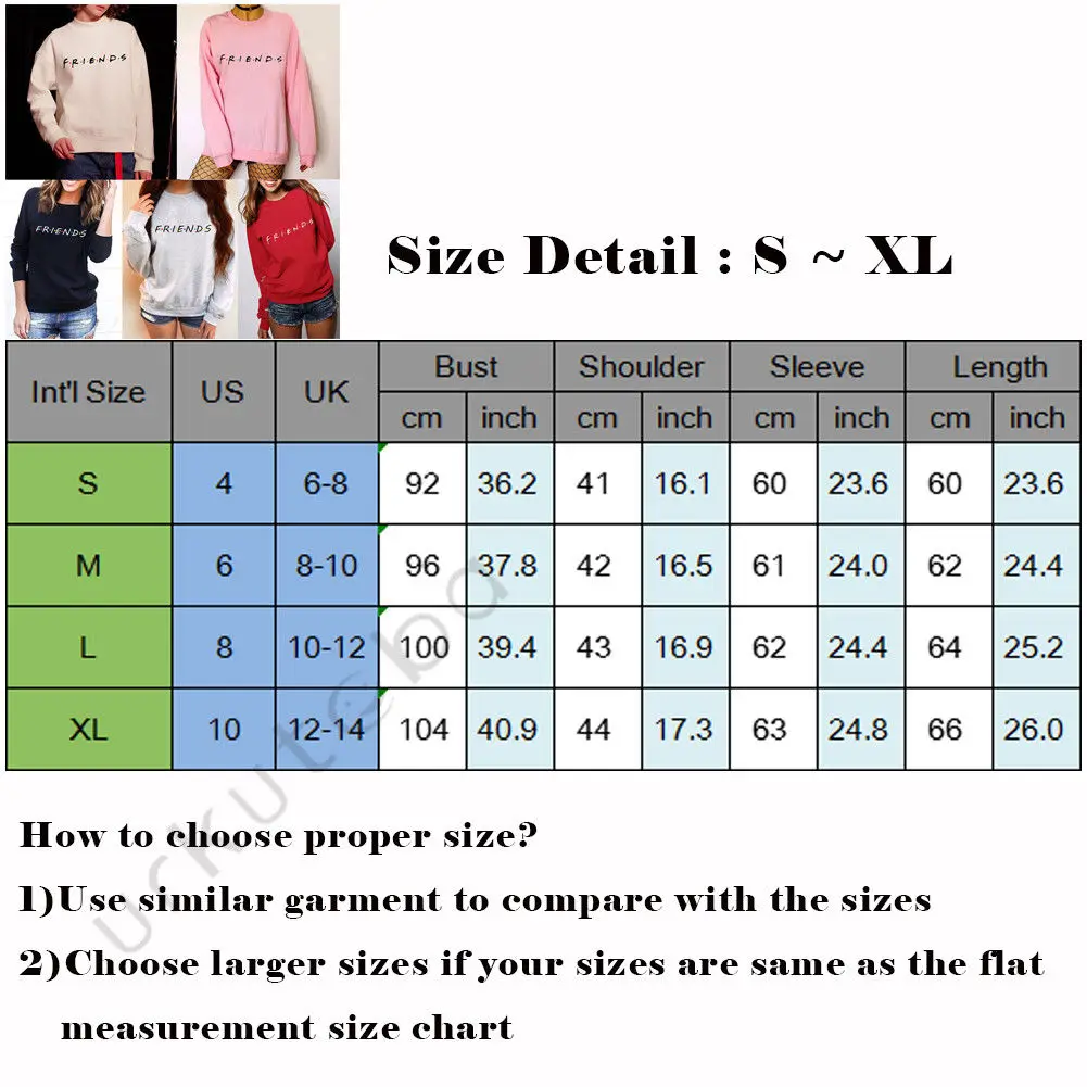 Brand New 2019 Womens 5 Colors Letters FRIENDS Print Long Sleeve Hoodie Sweatshirt Ladies Slouch Pullover Jumper Tops S M L XL