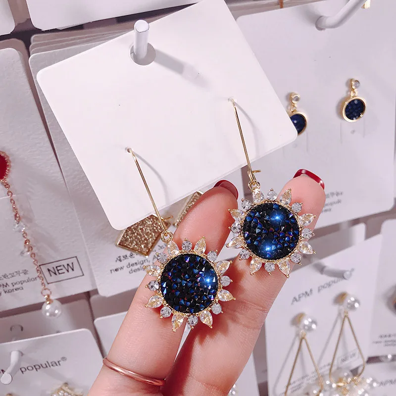 Классические Женские Висячие серьги с кристаллами и цветами женские голубыми
