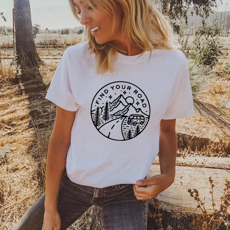 Футболка с надписью «Find Your Road», 100% хлопок, забавная Женская футболка для путешествий, милая летняя футболка с коротким рукавом для походов и отдыха на природе Футболка с надписью «Find Your Road», 100% хлопок, забавная Женская футболка для путешествий, милая летняя футболка с коротким рукавом для походов и отдыха на природе