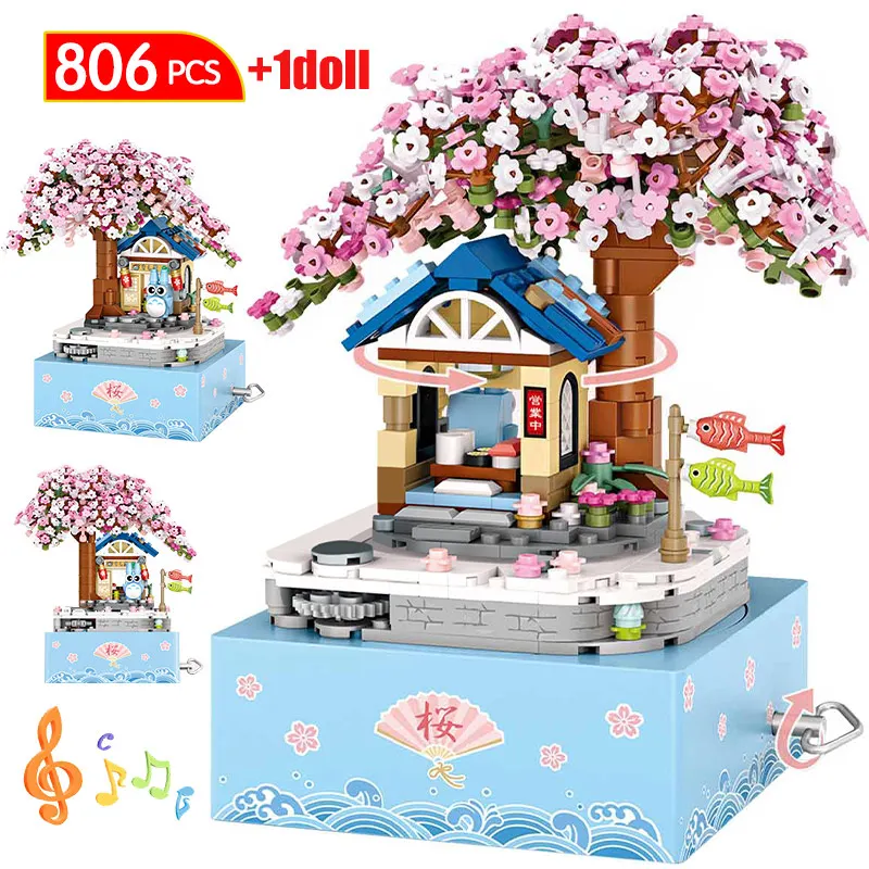 

806pcs MINI City Street View Rotating Music Box Tree House Flower Building Blocks Friends Blue Cat Figures Brick Toys Girls Gift
