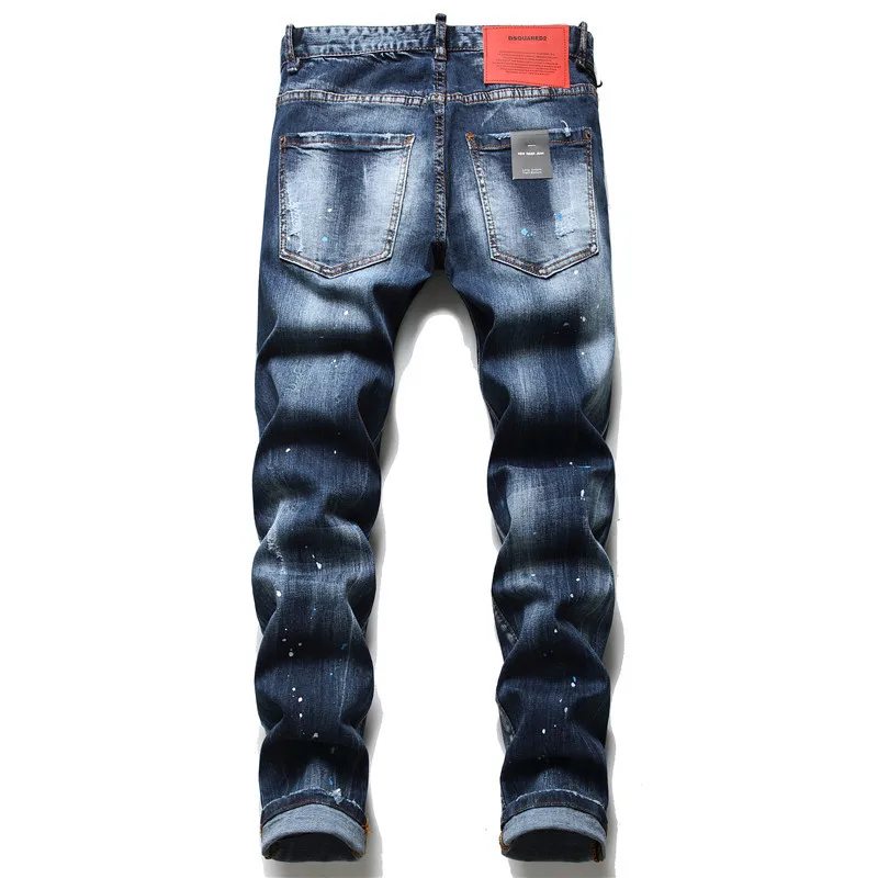 

ABOORUN 2021 Men's Fashion Painted Jeans Blue Broken Hole Patchwork Denim Pants