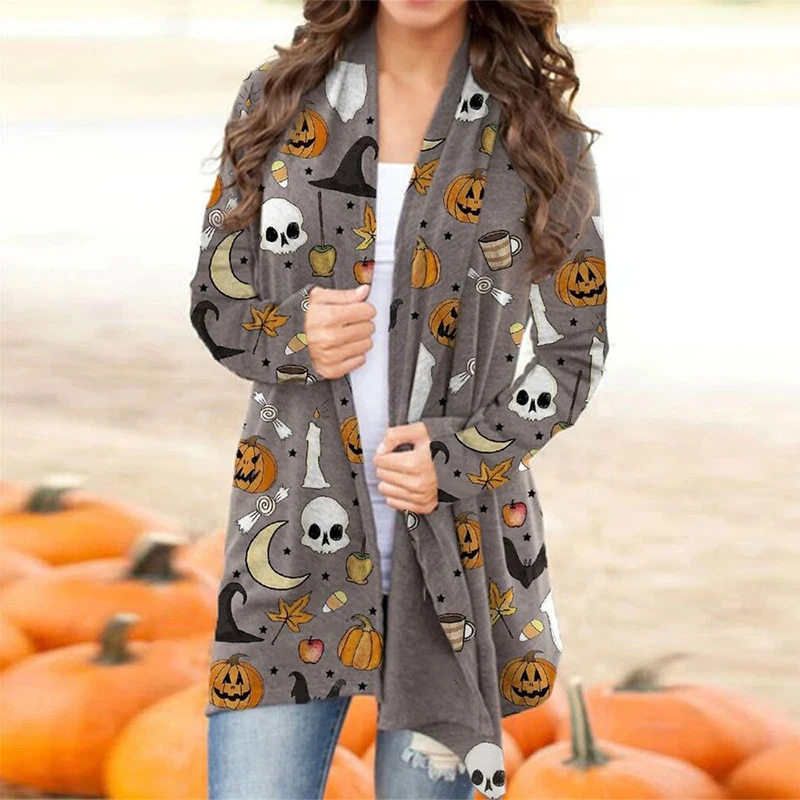

Кардиган женский с длинным рукавом, повседневный Длинный Элегантный свитер с принтом черепа, тыквы, драпировки на Хэллоуин, Осень-зима