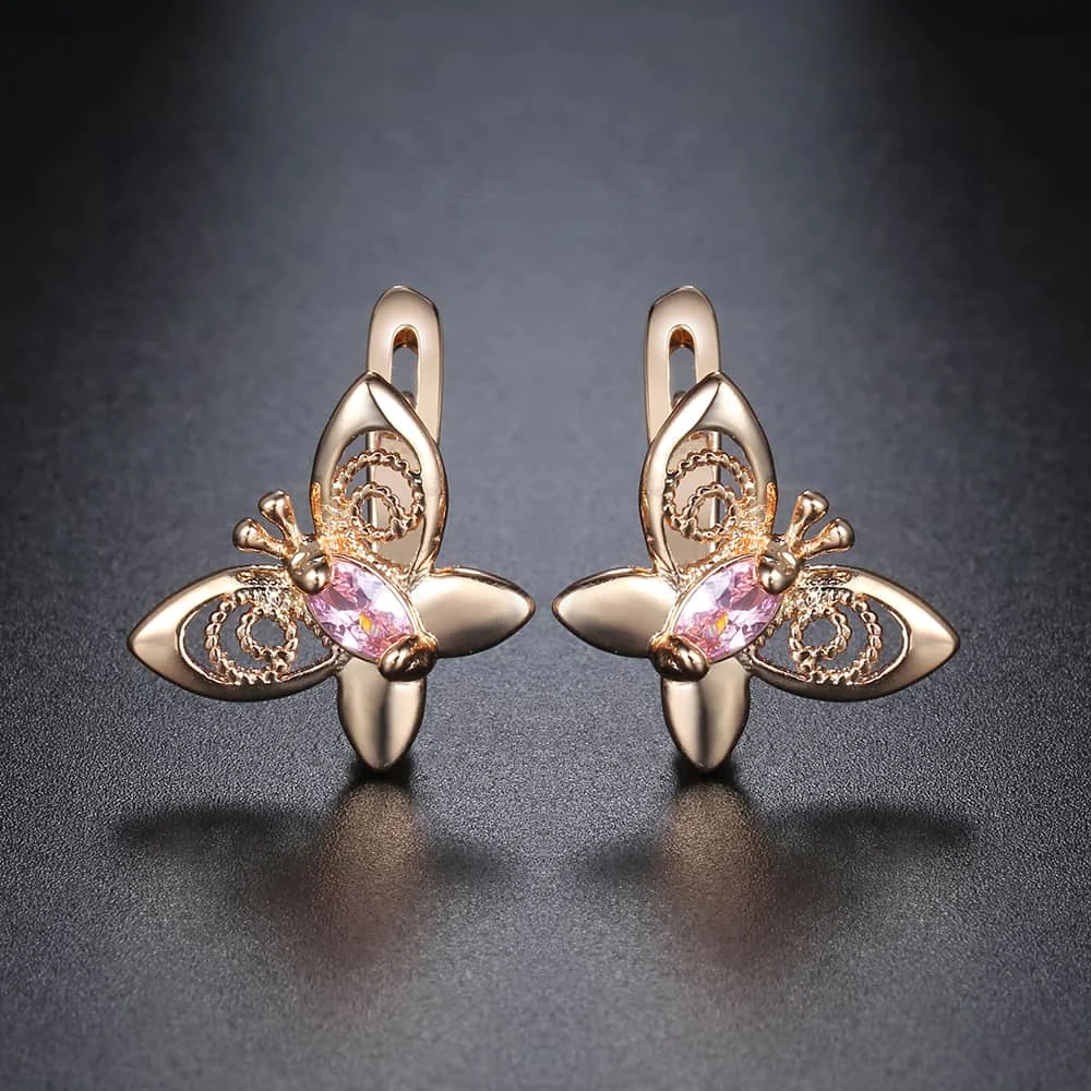 Женские серьги бабочка GE67A кубический цирконий розовый цирконий|Серьги-гвоздики|