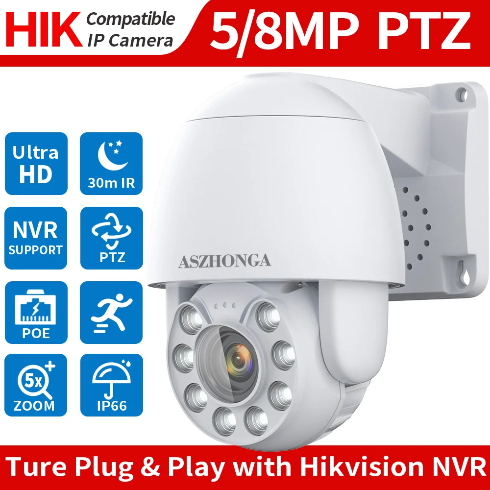 

5MP 8MP POE Security IP Camera 5X Optical Zoom PTZ CCTV HD Surveillance Dome Cam IP66 Waterproof H.265 Compatible-Hikvision NVR