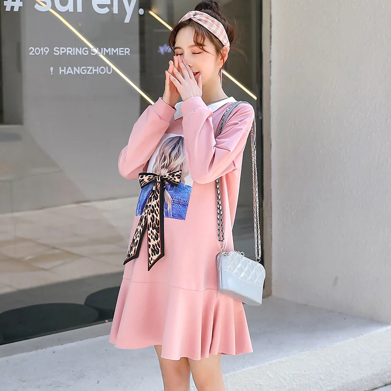 

Spring Autumn Cute Maternity Mermaid Dresses Loose Printed Pregnant Mini Dresses Long Sleeve Turn Collar Pregnancy Vestidos